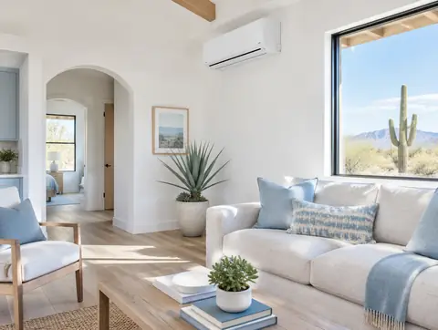 White ductless mini split mounted on the wall of a bright Arizona casita