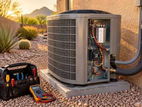 Outdoor AC condenser with its service panel open beside a stucco wall in a Phoenix desert yard