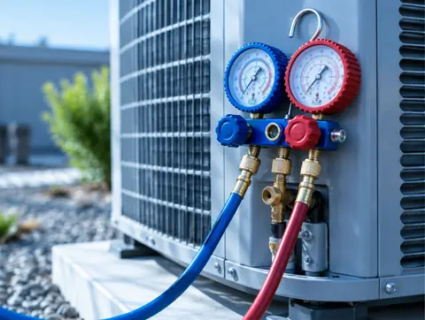 Blue and red refrigerant gauges connected to an air conditioner during a tune-up
